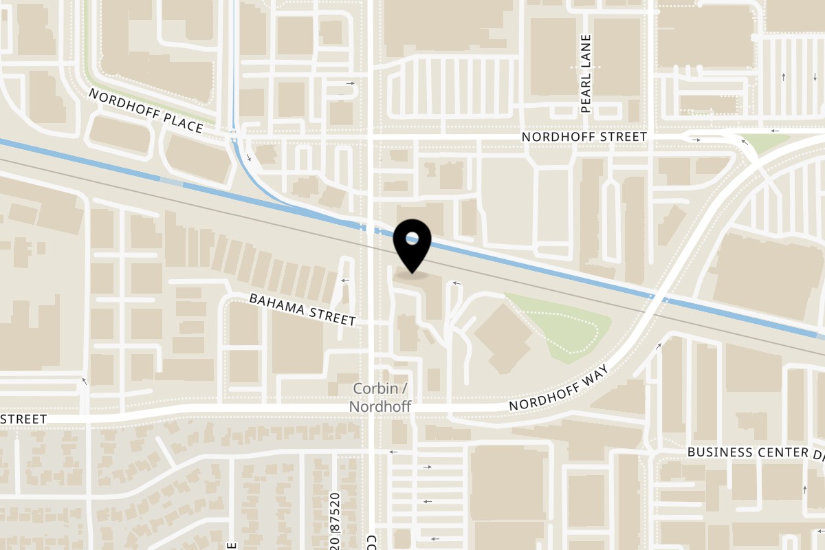 Map showing the location of Yanagi Sushi on 8966 Corbin Ave in Northridge